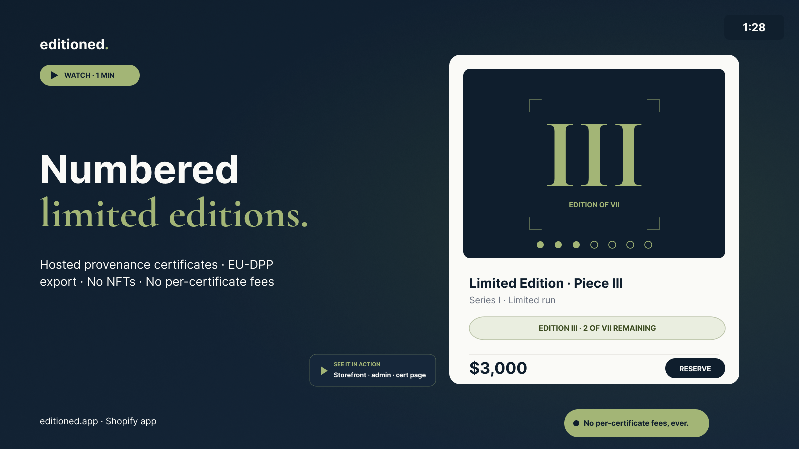 Editioned demo · numbered editions for Shopify · 1 minute 28 seconds