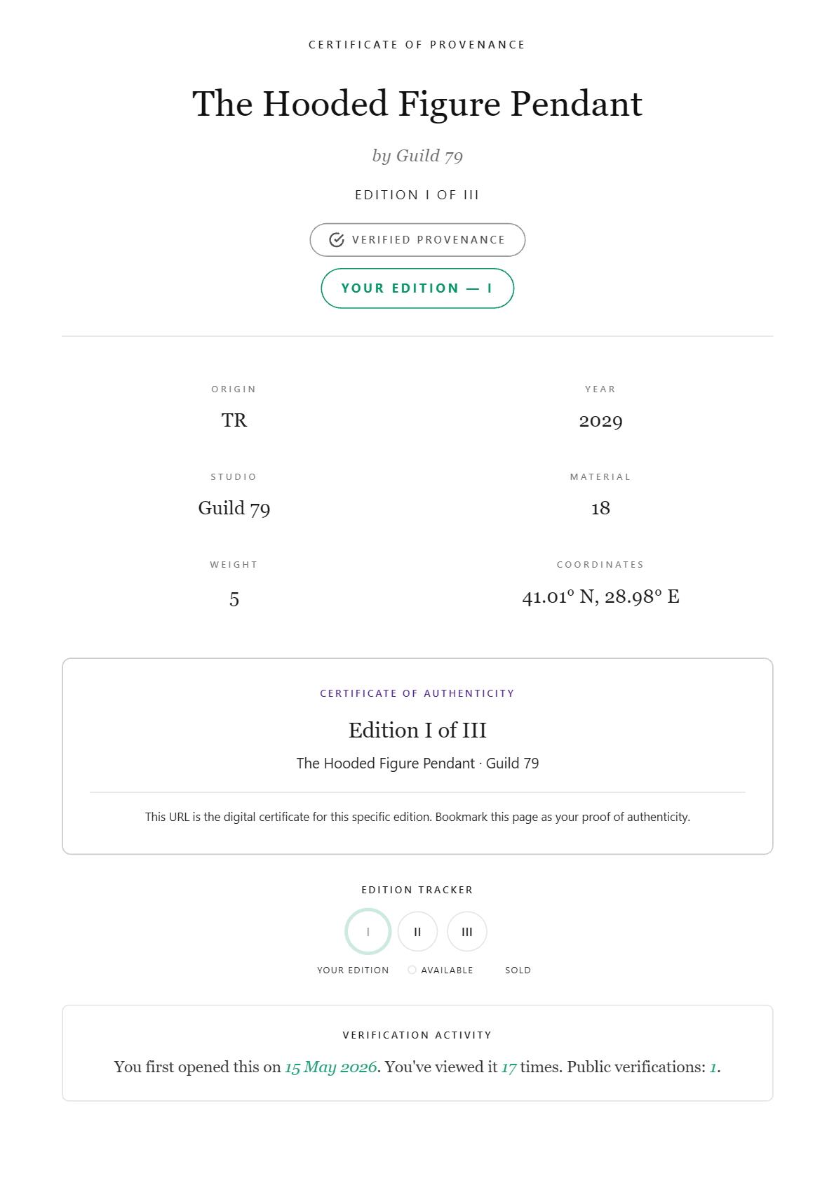 Light style web certificate page, verified provenance with edition tracker and verification activity